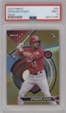 Spencer Steer from the 2023 Topps Finest set featuring a Gold Refractor parallel graded by PSA and given an overall grade of 9.