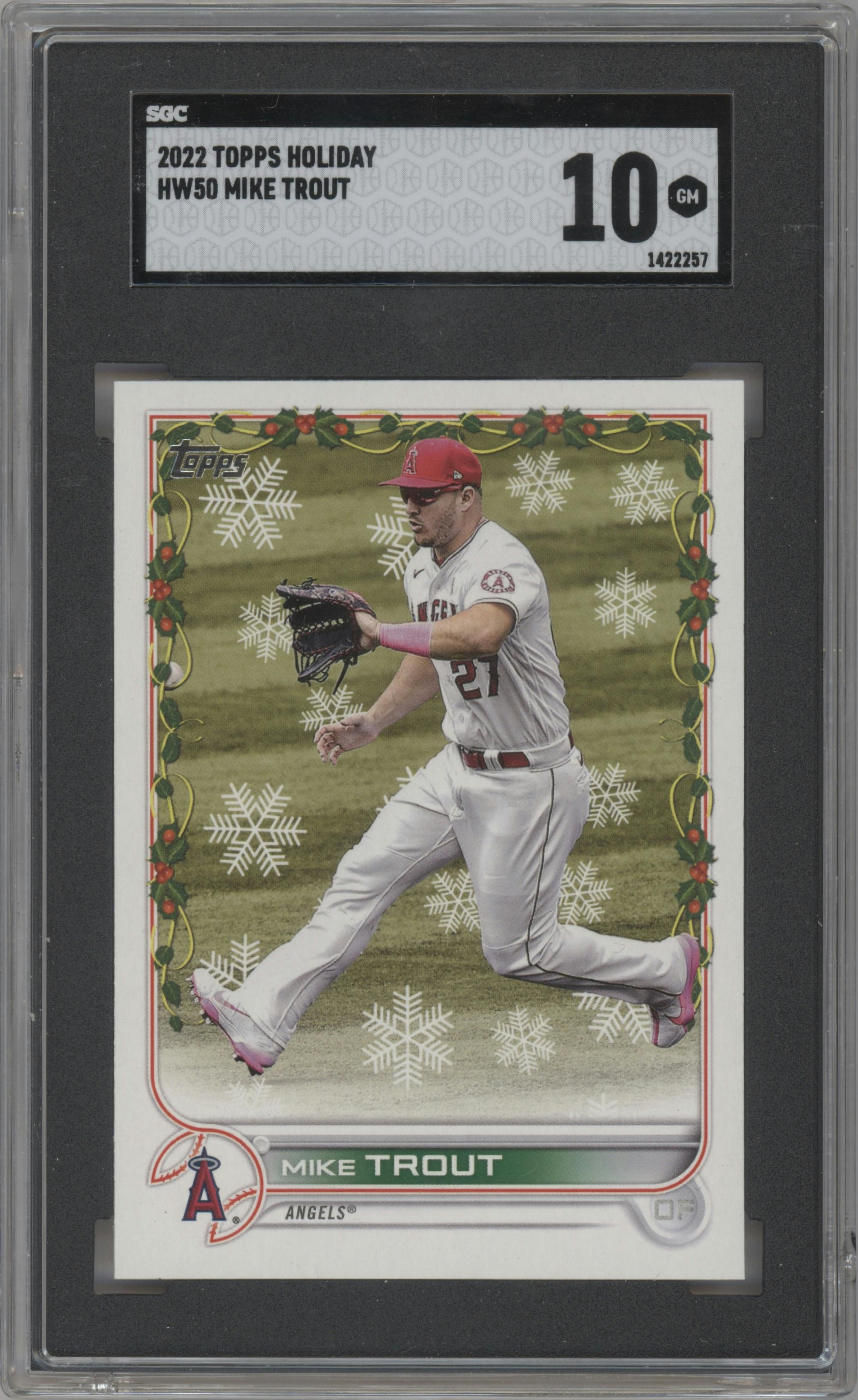 Mike Trout from the 2022 Topps Holiday set graded by SGC and given an overall grade of 10.