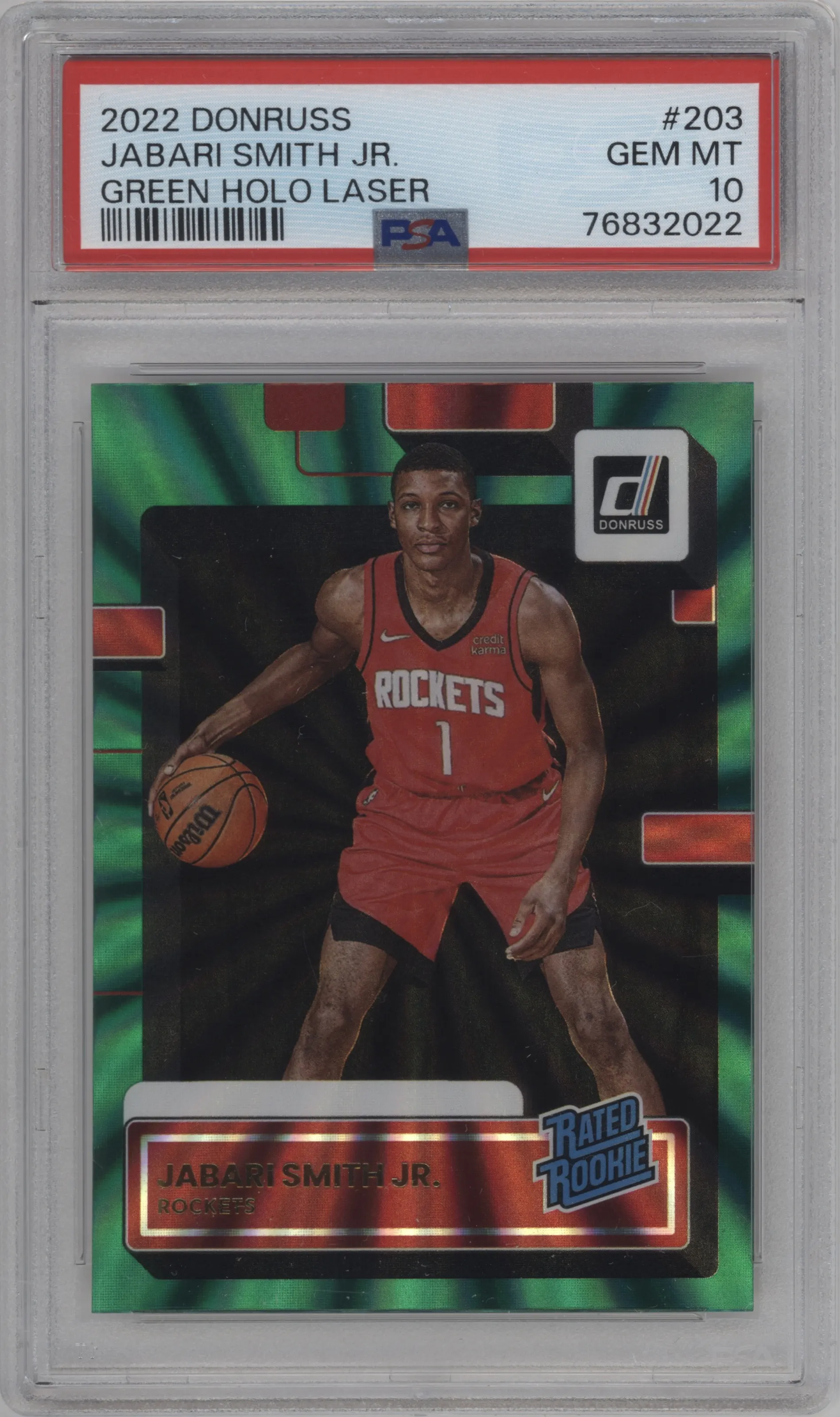 2022 Panini Donruss Rated Rookie Jabari Smith Jr. Green Holo Laser PSA 10