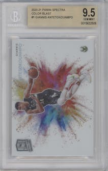 Giannis Antetokounmpo from the 2020-21 Panini Spectra set graded by Beckett and given an overall grade of 9.5.