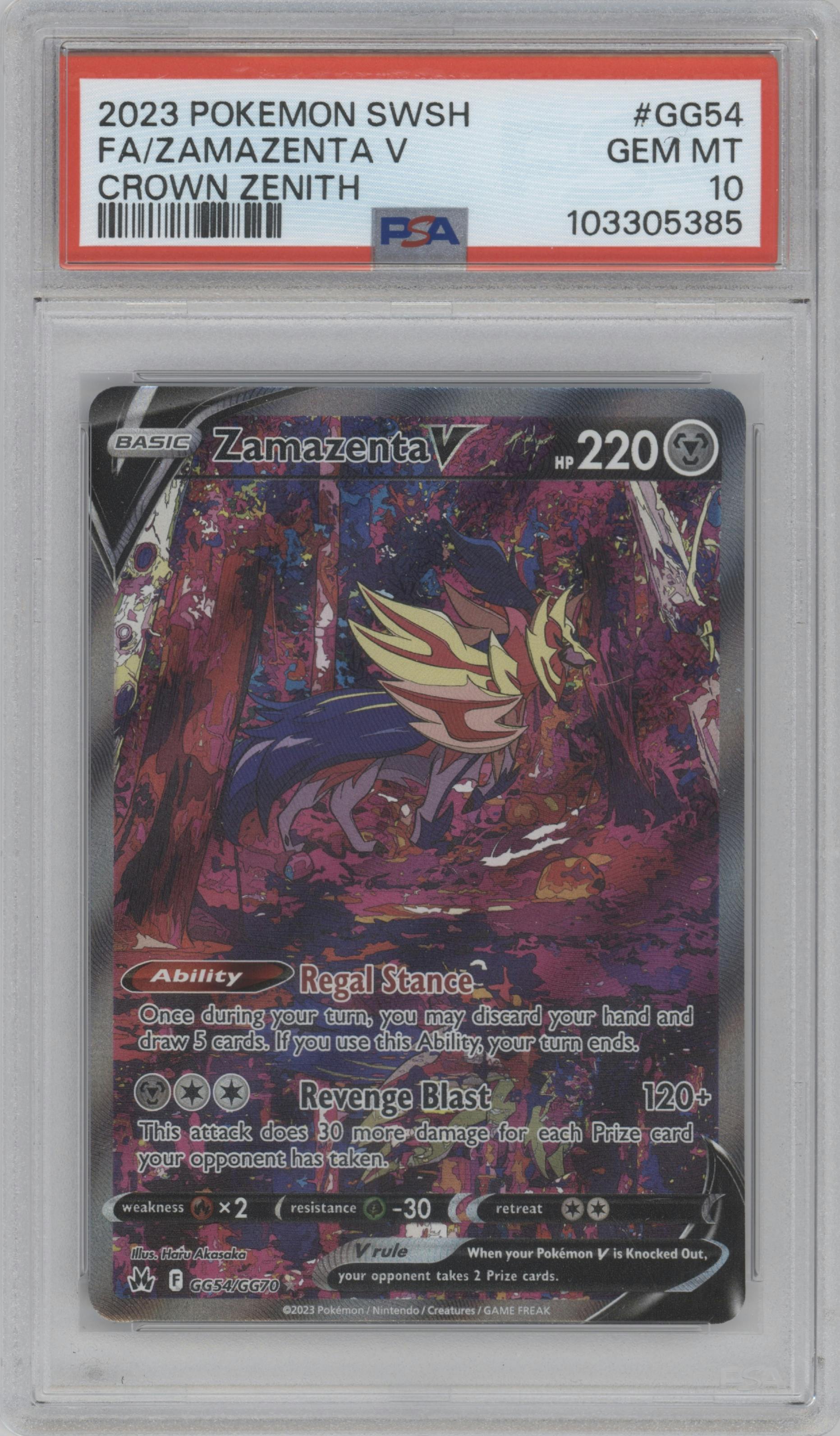 Zamazenta V from the 2023 Pokemon SWSH set graded by PSA and given an overall grade of 10.