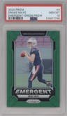 Drake Maye from the 2024 Panini Prizm set featuring a Green Prizm parallel graded by PSA and given an overall grade of 10.