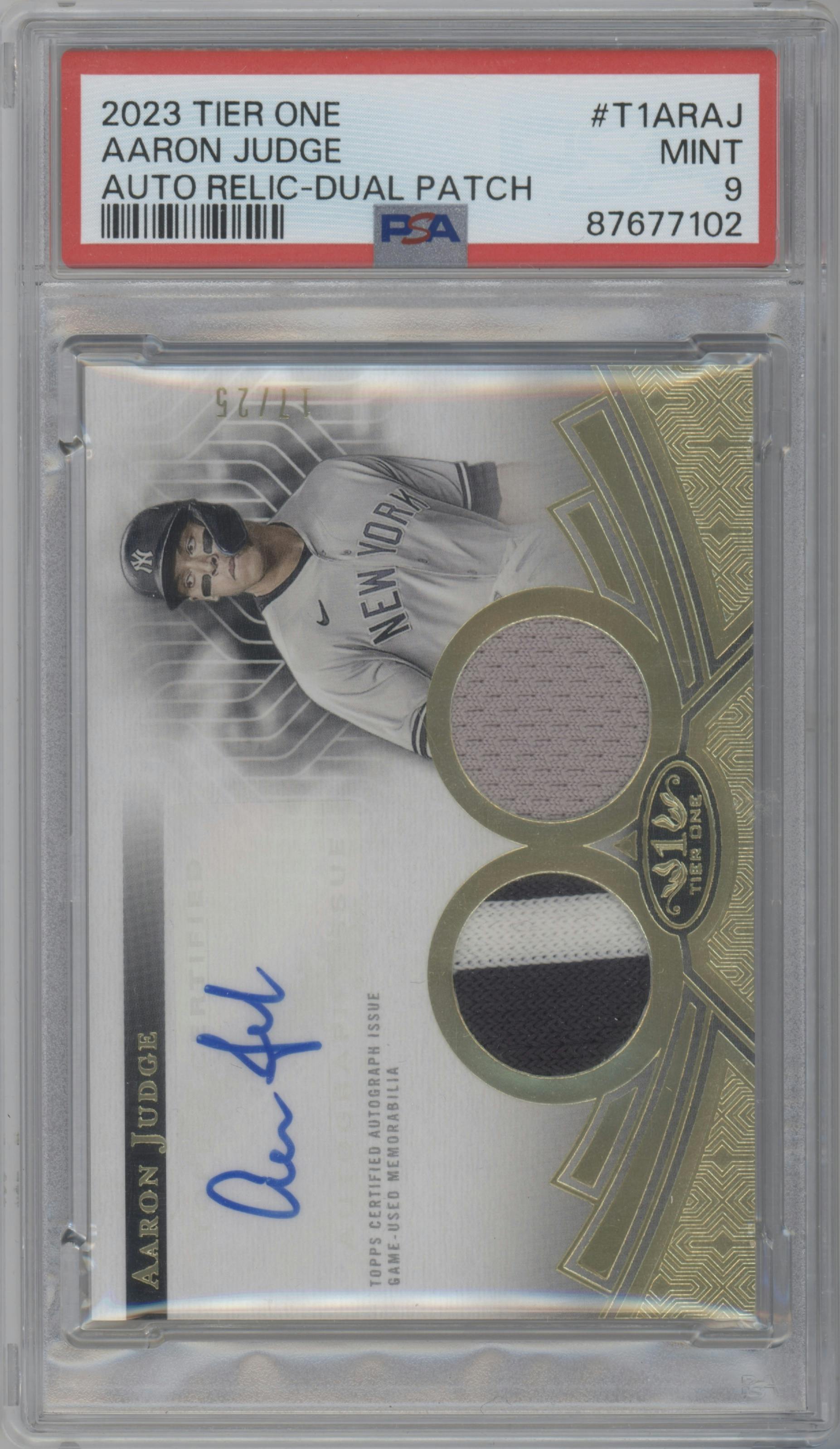 Aaron Judge from the 2023 Topps Tier One set graded by PSA and given an overall grade of 9.