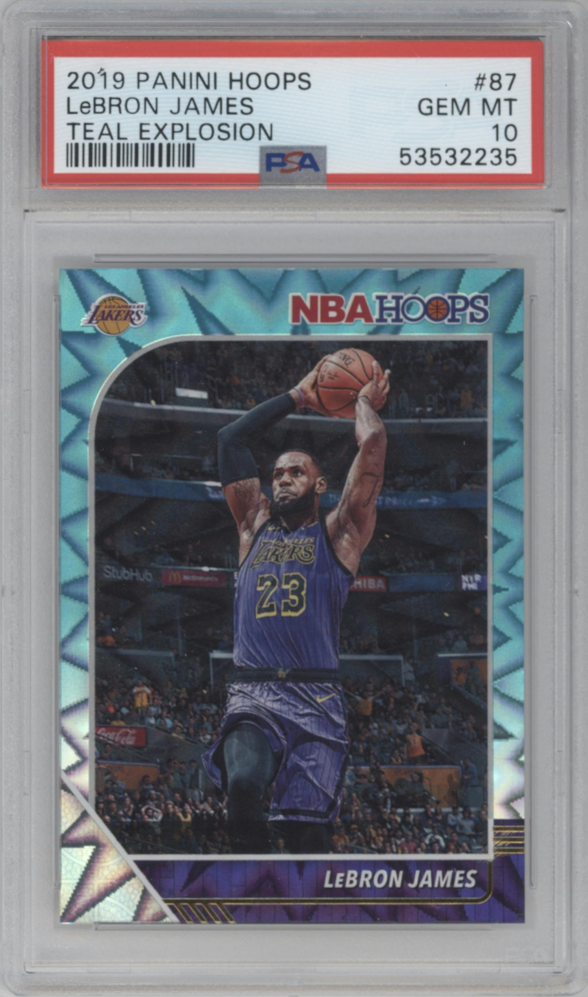 LeBron James from the 2019-20 Panini NBA Hoops set featuring a Teal Explosion parallel graded by PSA and given an overall grade of 10.