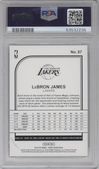 LeBron James from the 2019-20 Panini NBA Hoops set featuring a Teal Explosion parallel graded by PSA and given an overall grade of 10.