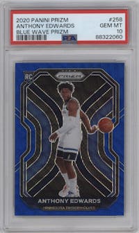 Anthony Edwards from the 2020-21 Panini Prizm set featuring a Blue Wave parallel graded by PSA and given an overall grade of 10.