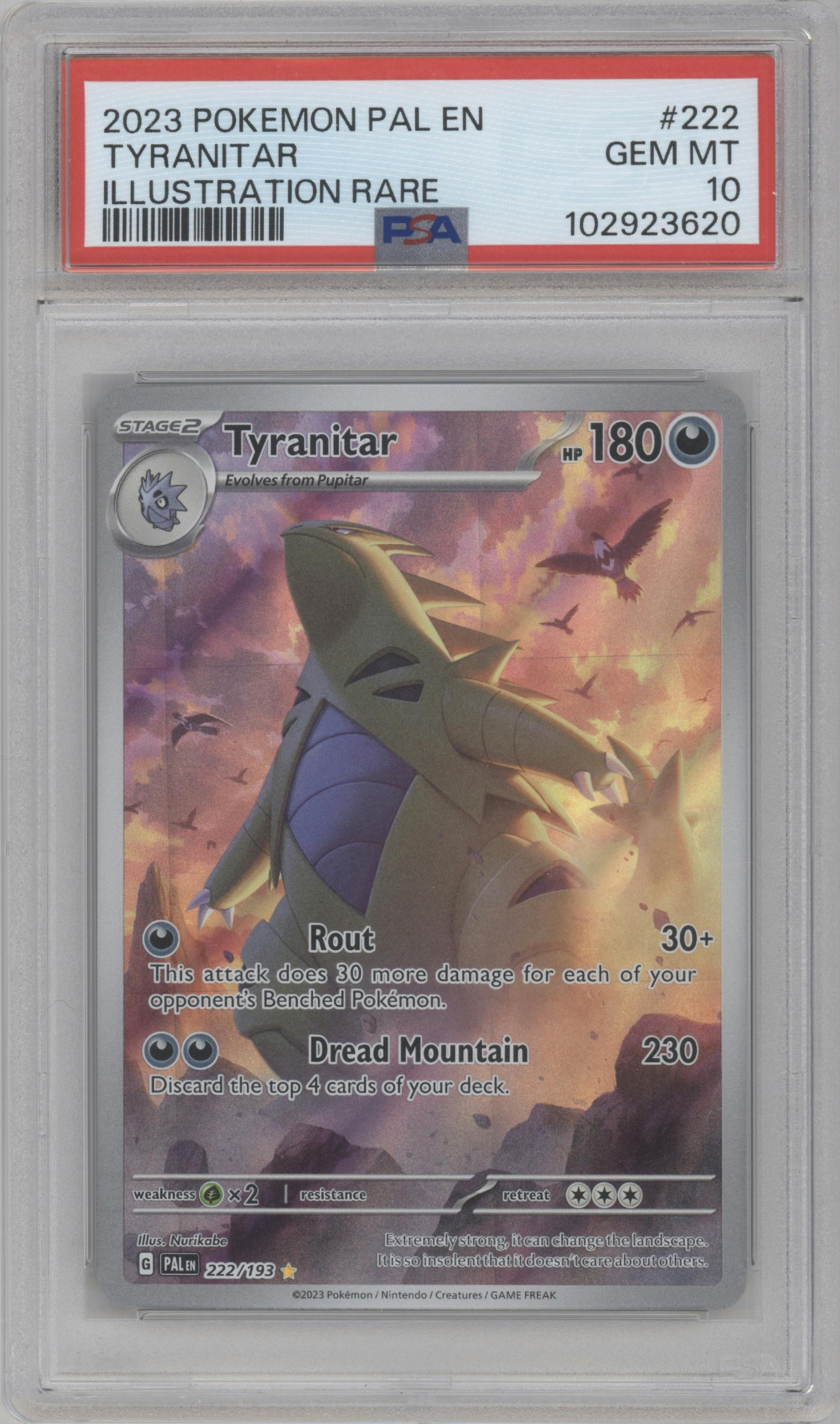 Tyranitar from the 2023 Pokemon SV set graded by PSA and given an overall grade of 10.