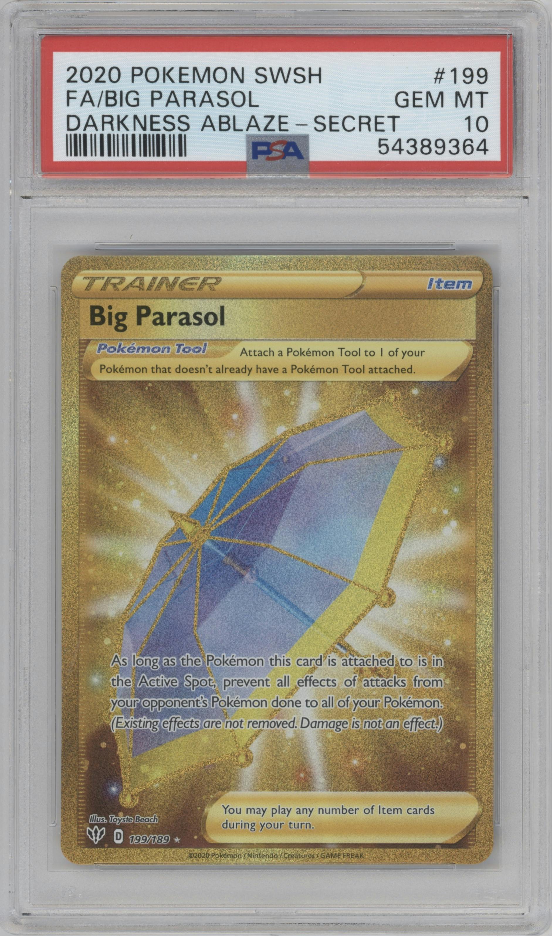 Big Parasol from the 2020 Pokemon SWSH set graded by PSA and given an overall grade of 10.