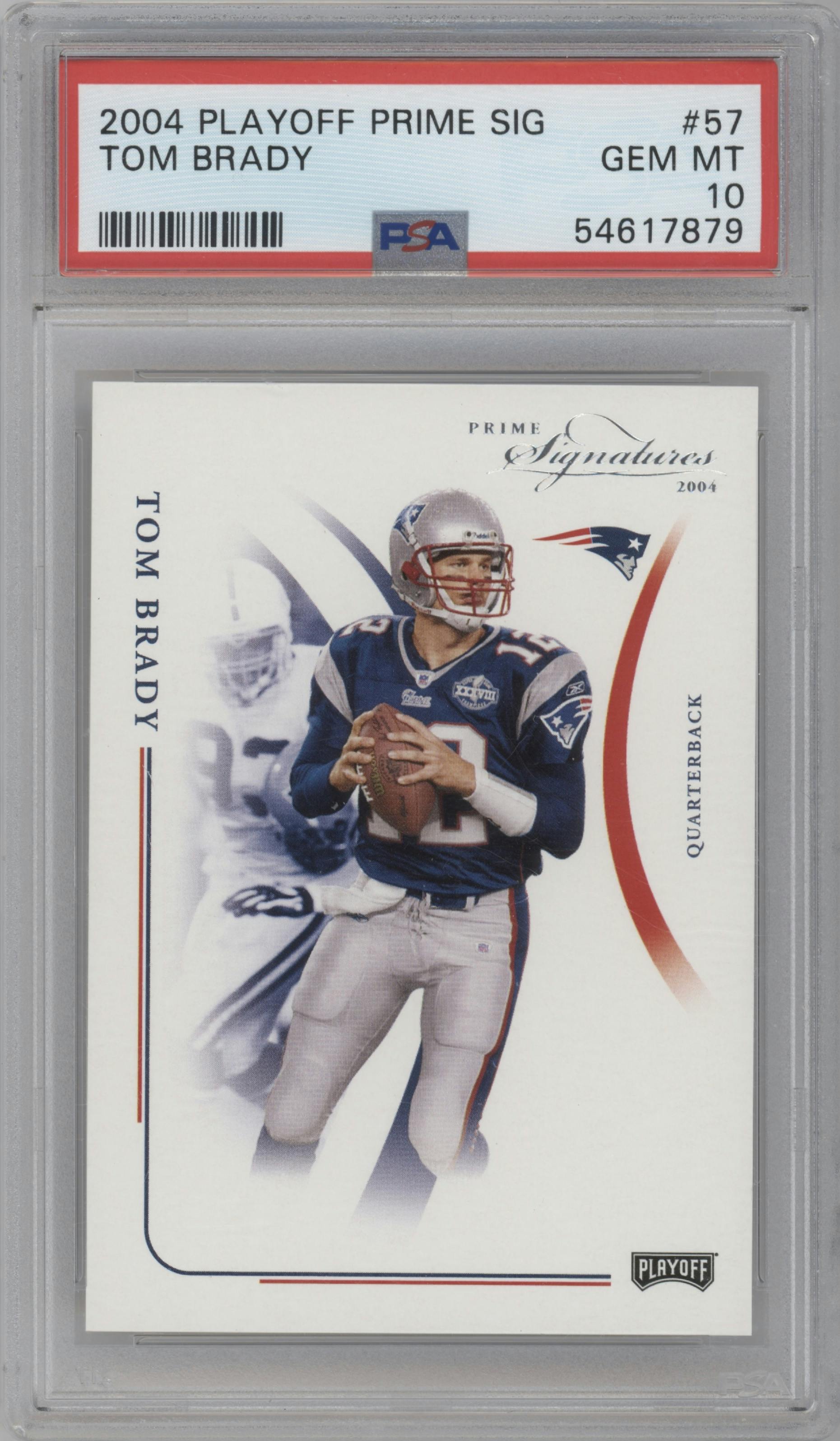 Tom Brady from the 2004 Playoff Prime Signatures set graded by PSA and given an overall grade of 10.