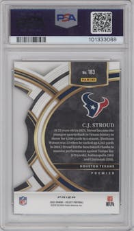 C.J. Stroud from the 2023 Panini Select set featuring a Die-Cut Red/Blue parallel graded by PSA and given an overall grade of 10.