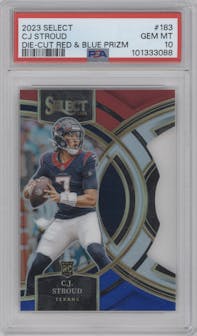 C.J. Stroud from the 2023 Panini Select set featuring a Die-Cut Red/Blue parallel graded by PSA and given an overall grade of 10.