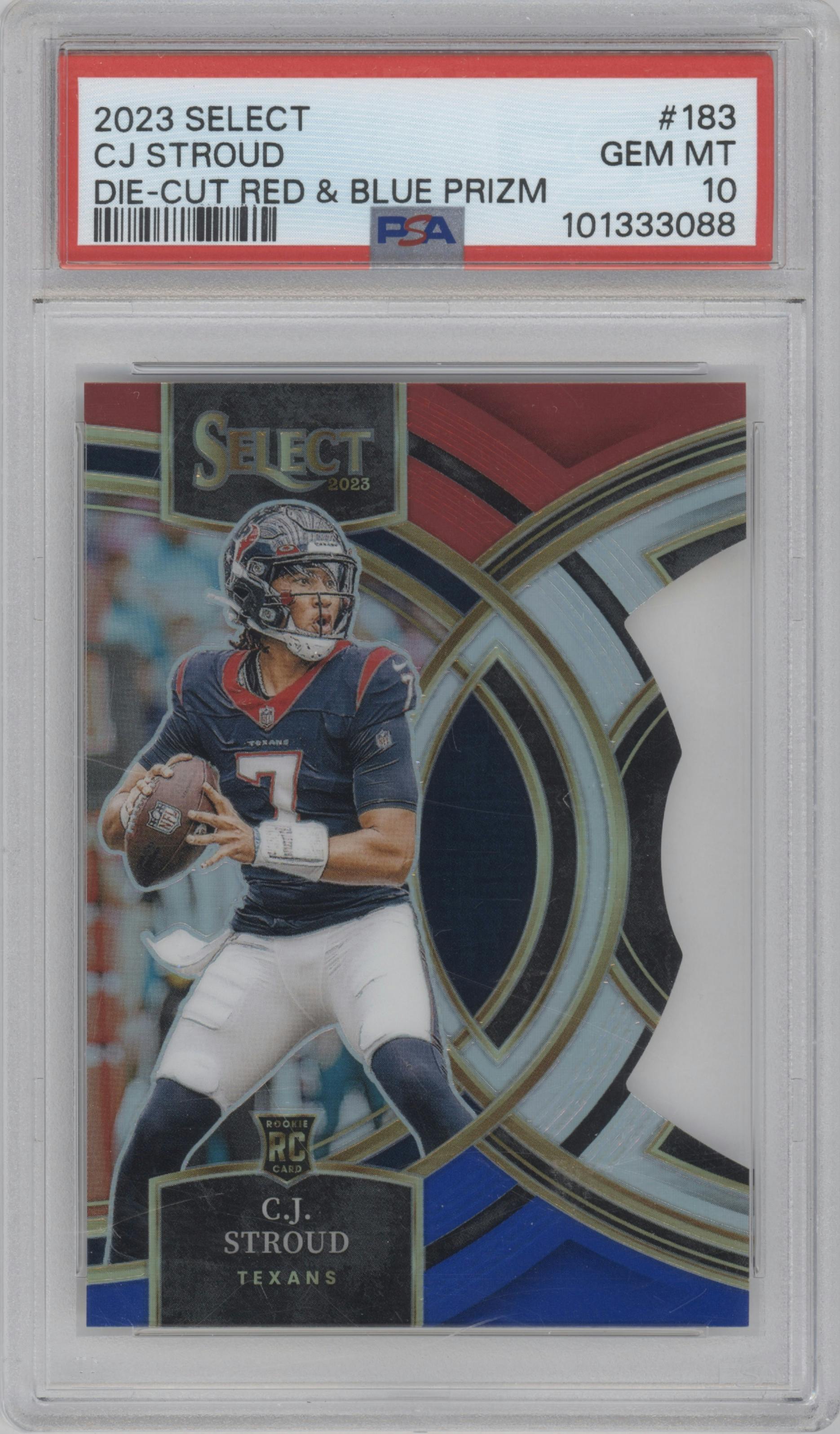 C.J. Stroud from the 2023 Panini Select set featuring a Die-Cut Red/Blue parallel graded by PSA and given an overall grade of 10.