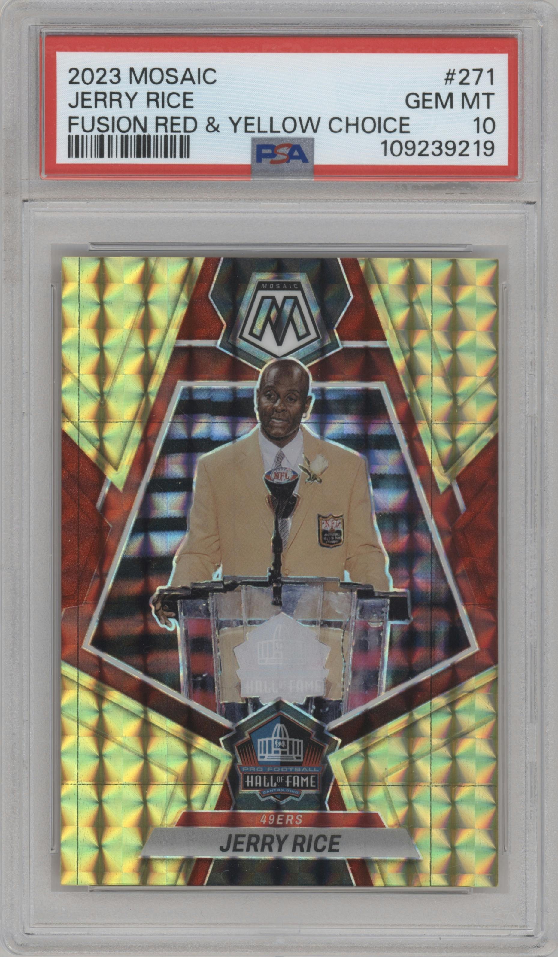 Jerry Rice from the 2023 Panini Mosaic set featuring a Choice Fusion Red & Yellow parallel graded by PSA and given an overall grade of 10.