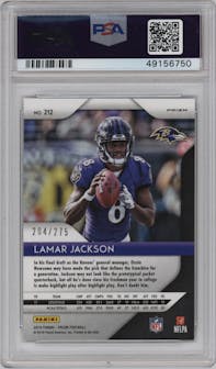 Lamar Jackson from the 2018 Panini Prizm set featuring a Hyper parallel graded by PSA and given an overall grade of 9.