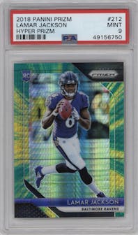 Lamar Jackson from the 2018 Panini Prizm set featuring a Hyper parallel graded by PSA and given an overall grade of 9.