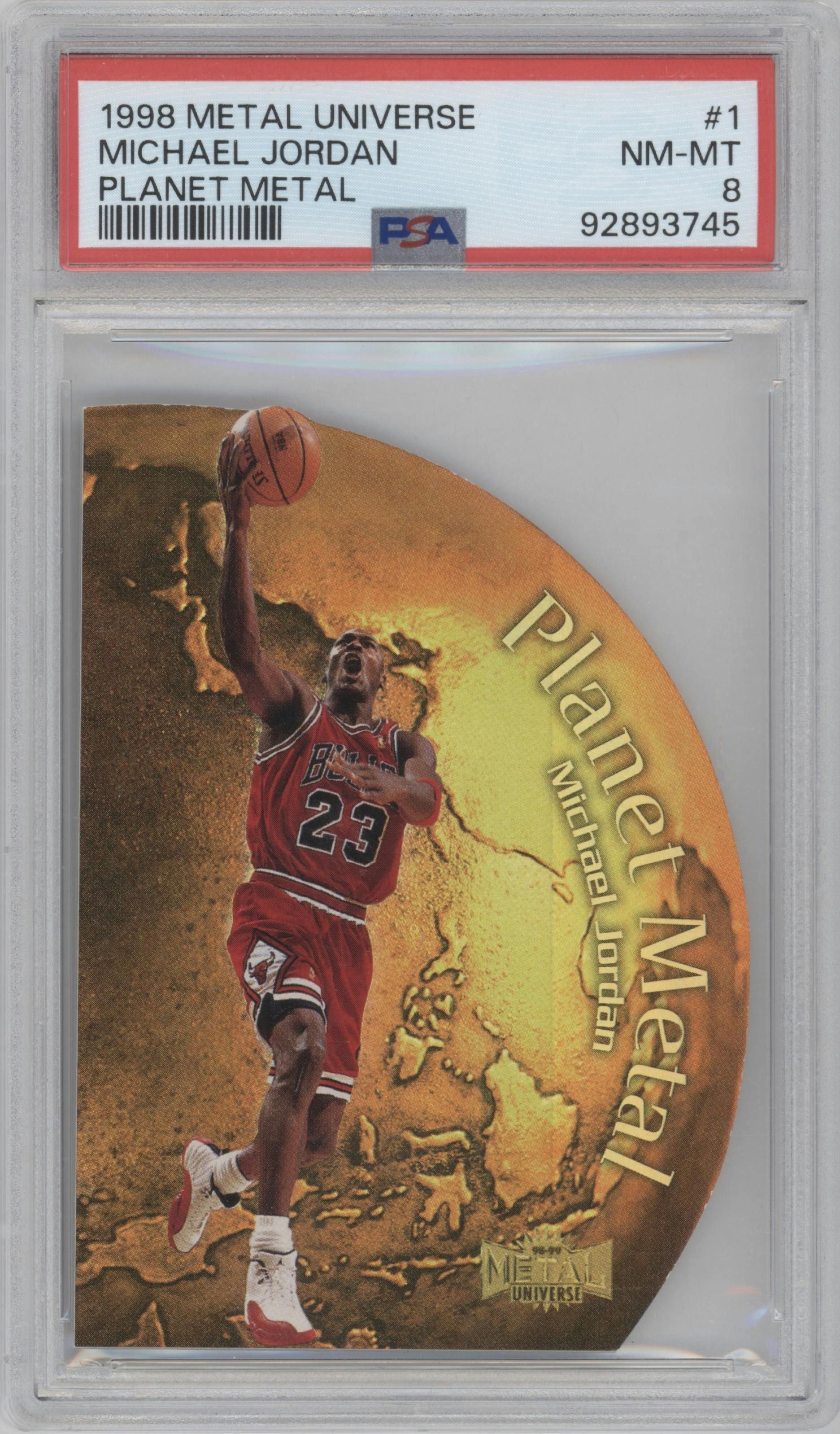 Michael Jordan from the 1998-99 Skybox Metal Universe set graded by PSA and given an overall grade of 8.