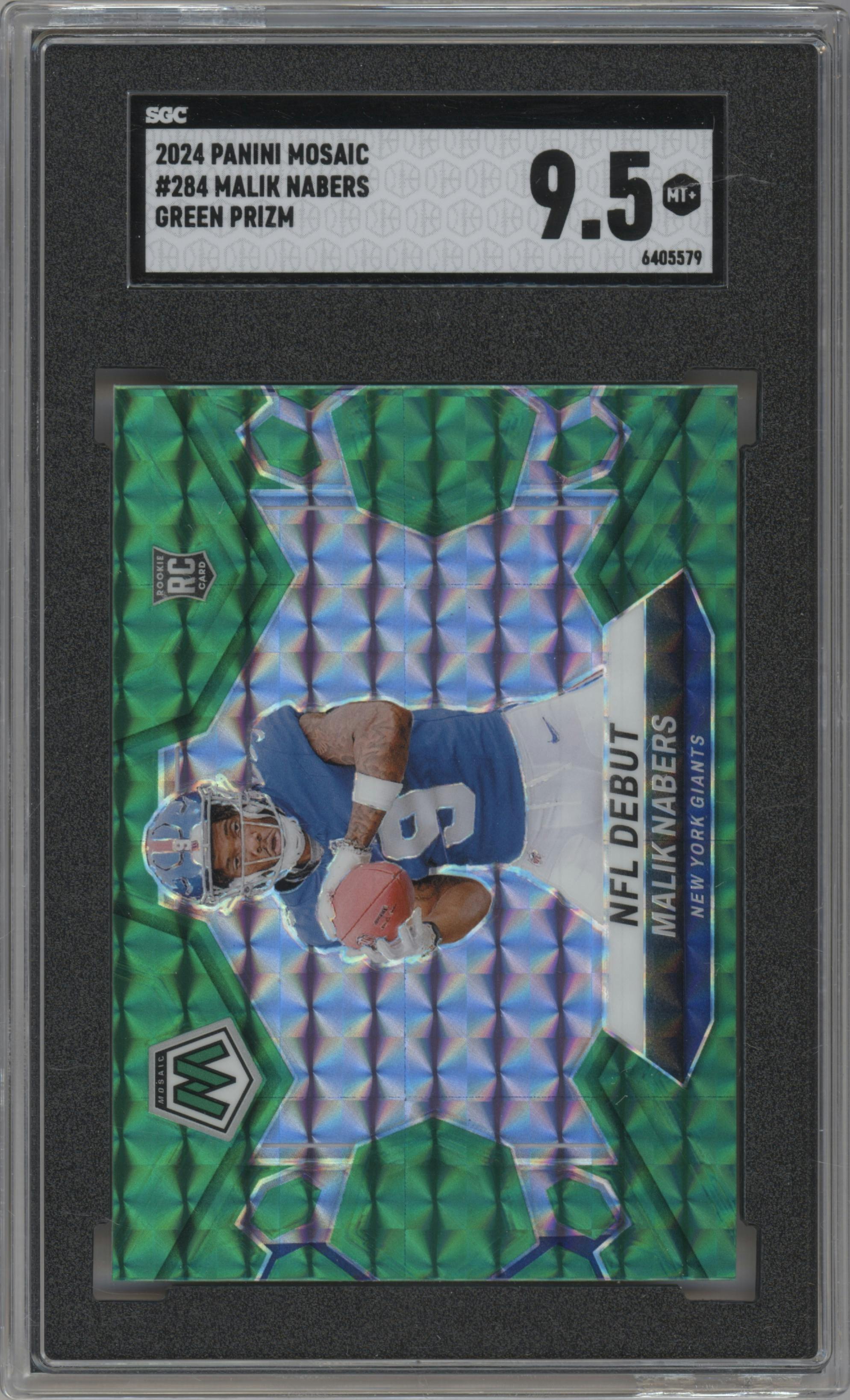 Malik Nabers from the 2024 Panini Mosaic set featuring a Green Mosaic parallel graded by SGC and given an overall grade of 9.5.