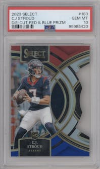 C.J. Stroud from the 2023 Panini Select set featuring a Die-Cut Red/Blue parallel graded by PSA and given an overall grade of 10.