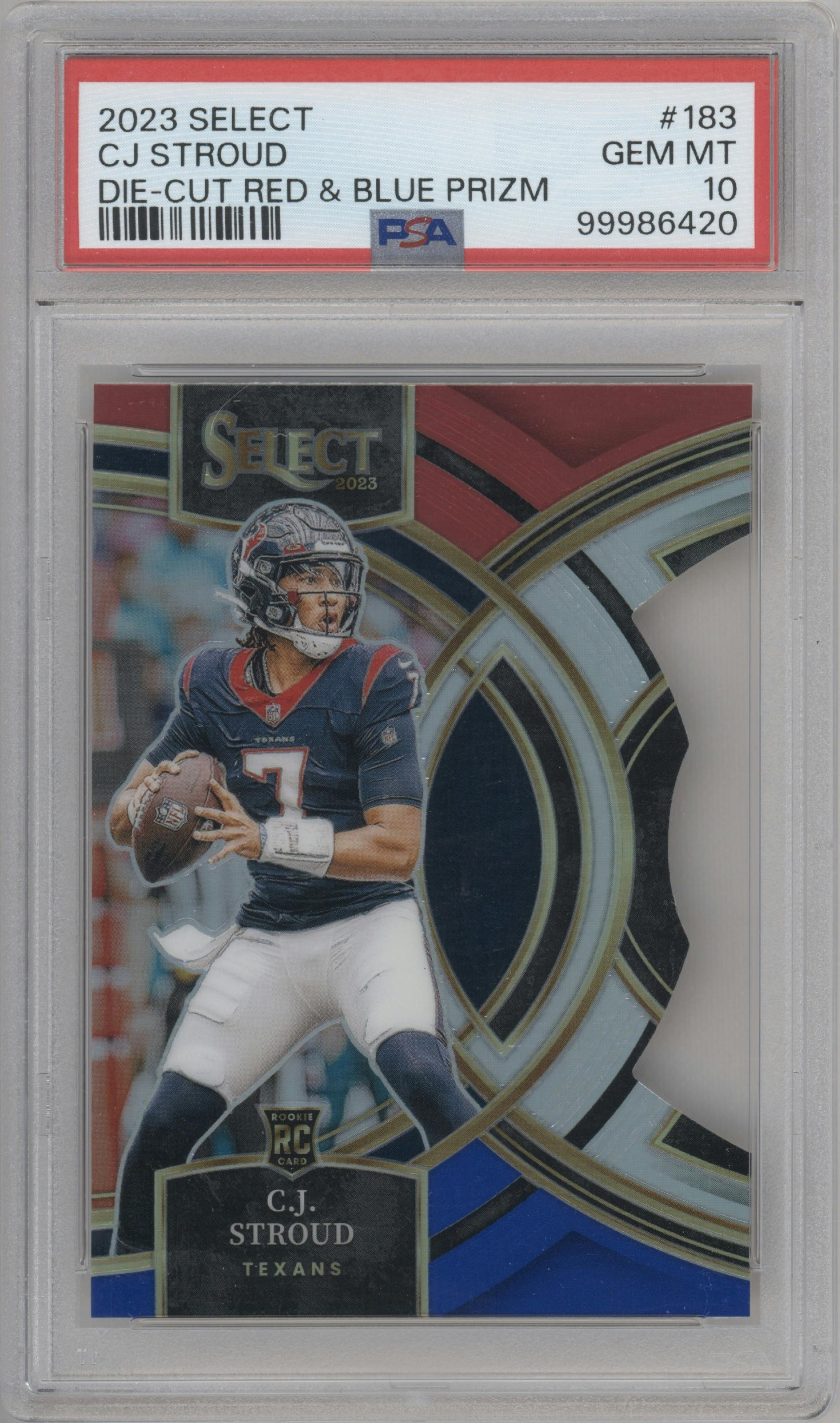 C.J. Stroud from the 2023 Panini Select set featuring a Die-Cut Red/Blue parallel graded by PSA and given an overall grade of 10.