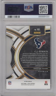 C.J. Stroud from the 2023 Panini Select set featuring a Die-Cut Red/Blue parallel graded by PSA and given an overall grade of 10.