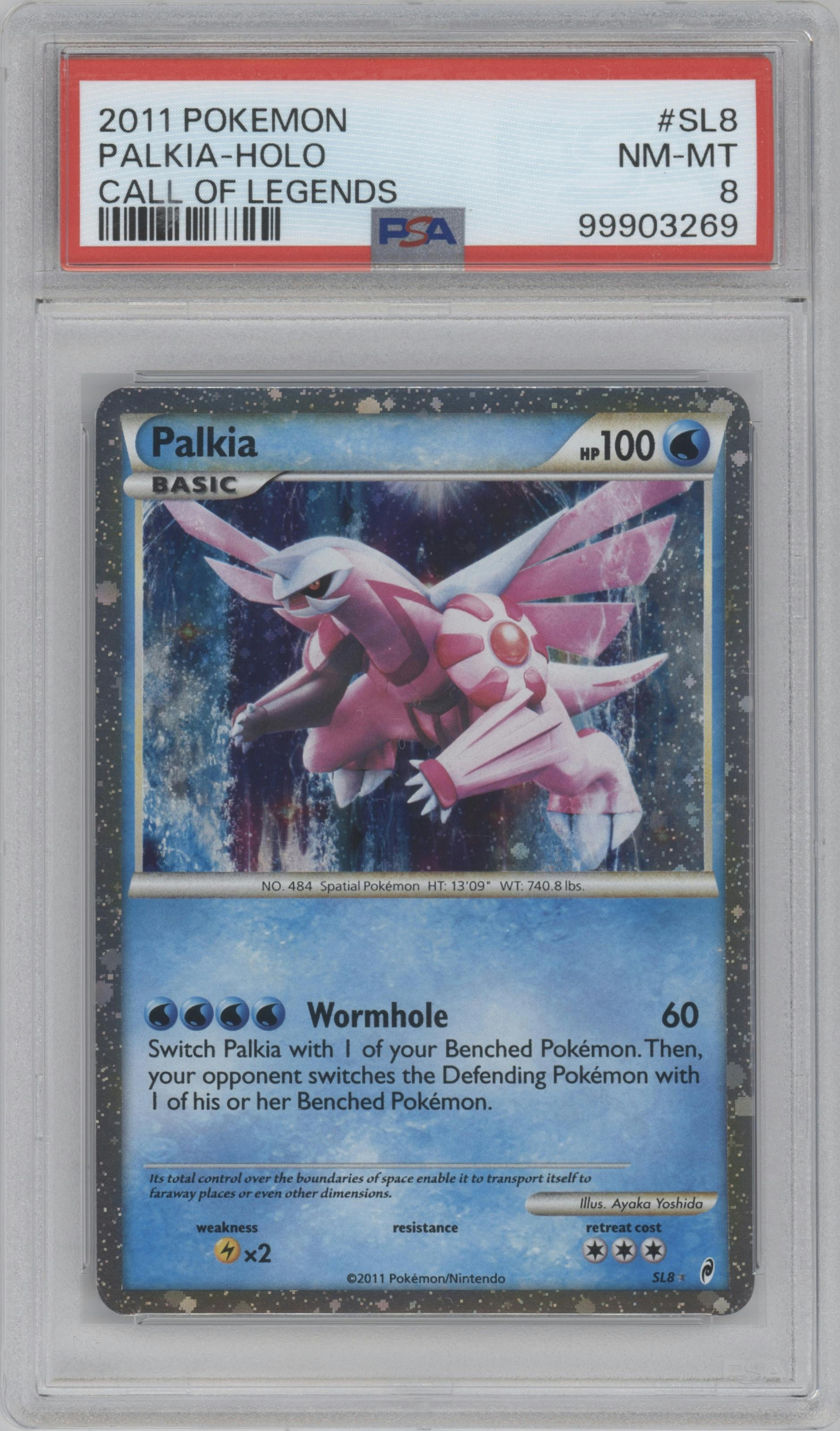 Palkia from the 2011 Pokemon  set graded by PSA and given an overall grade of 8.
