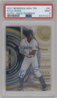 Kyle Lewis from the 2017 Bowman High Tek set featuring a Gold Rainbow parallel graded by PSA and given an overall grade of 9.