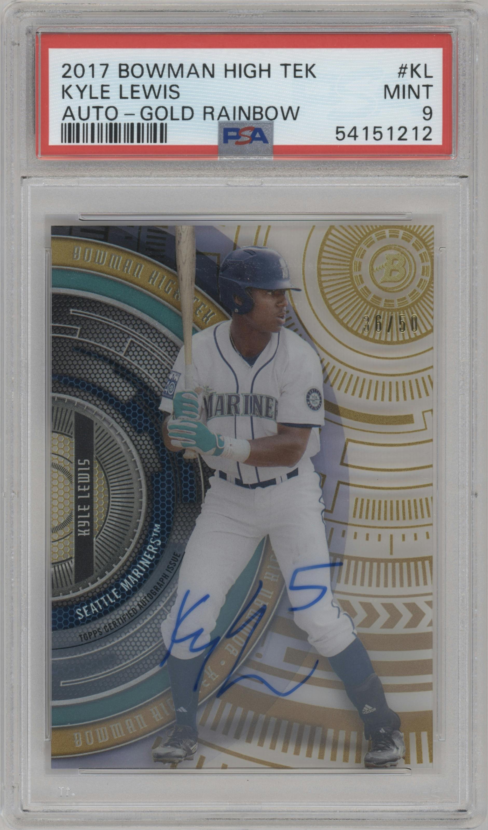 Kyle Lewis from the 2017 Bowman High Tek set featuring a Gold Rainbow parallel graded by PSA and given an overall grade of 9.