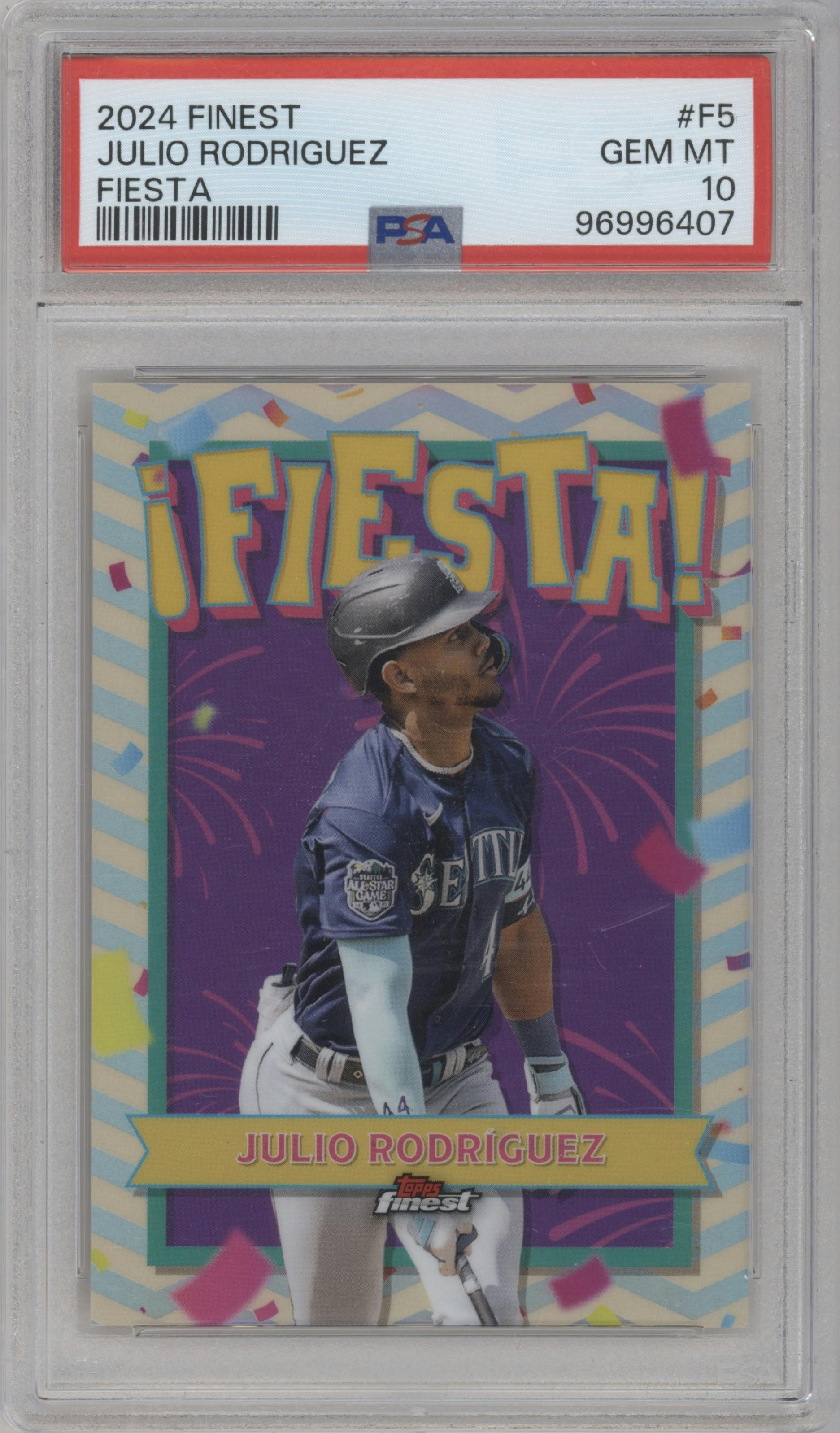 Julio Rodríguez from the 2024 Topps Finest set graded by PSA and given an overall grade of 10.