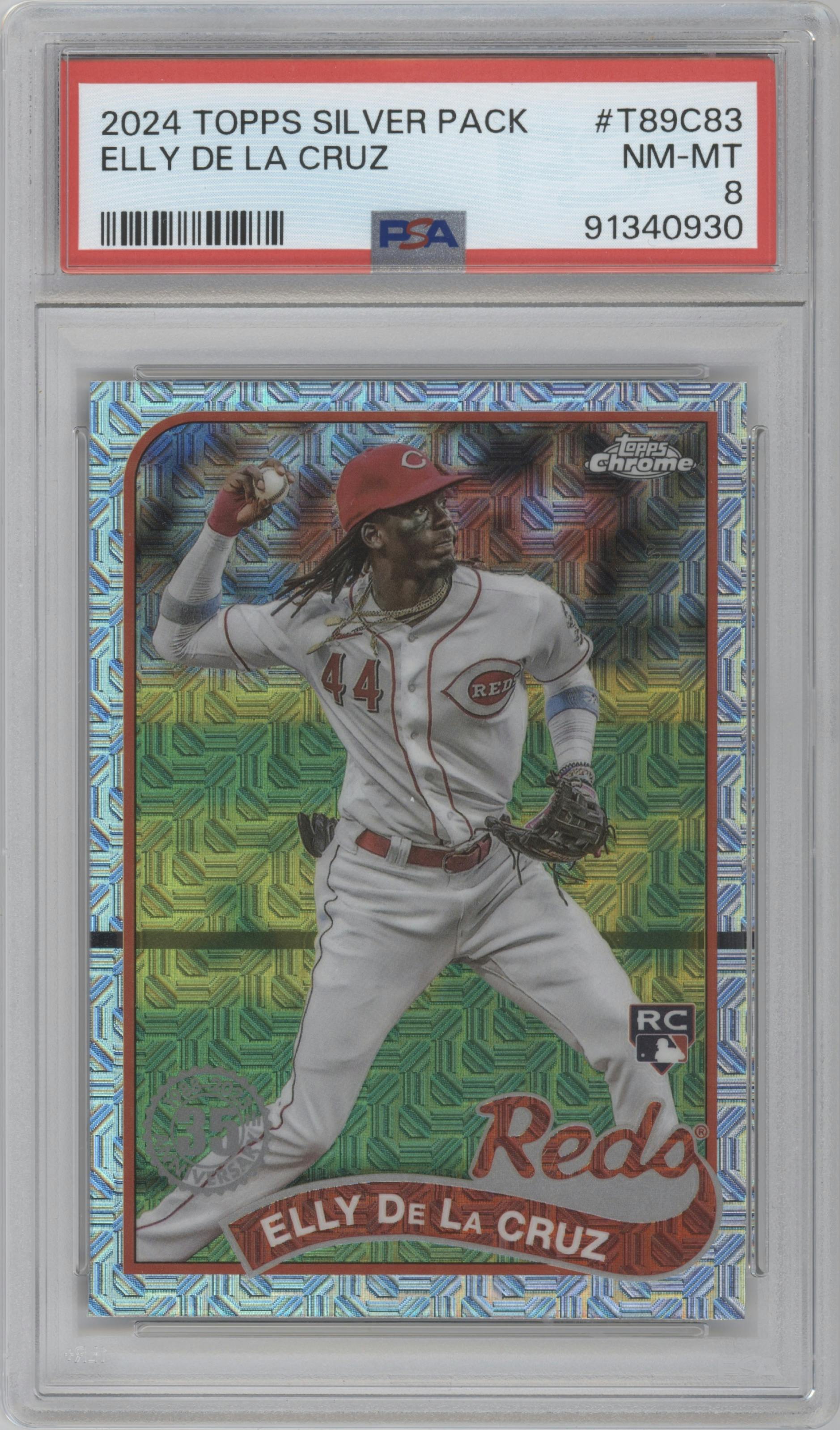Elly De La Cruz from the 2024 Topps Series 1 Silver Pack set graded by PSA and given an overall grade of 8.
