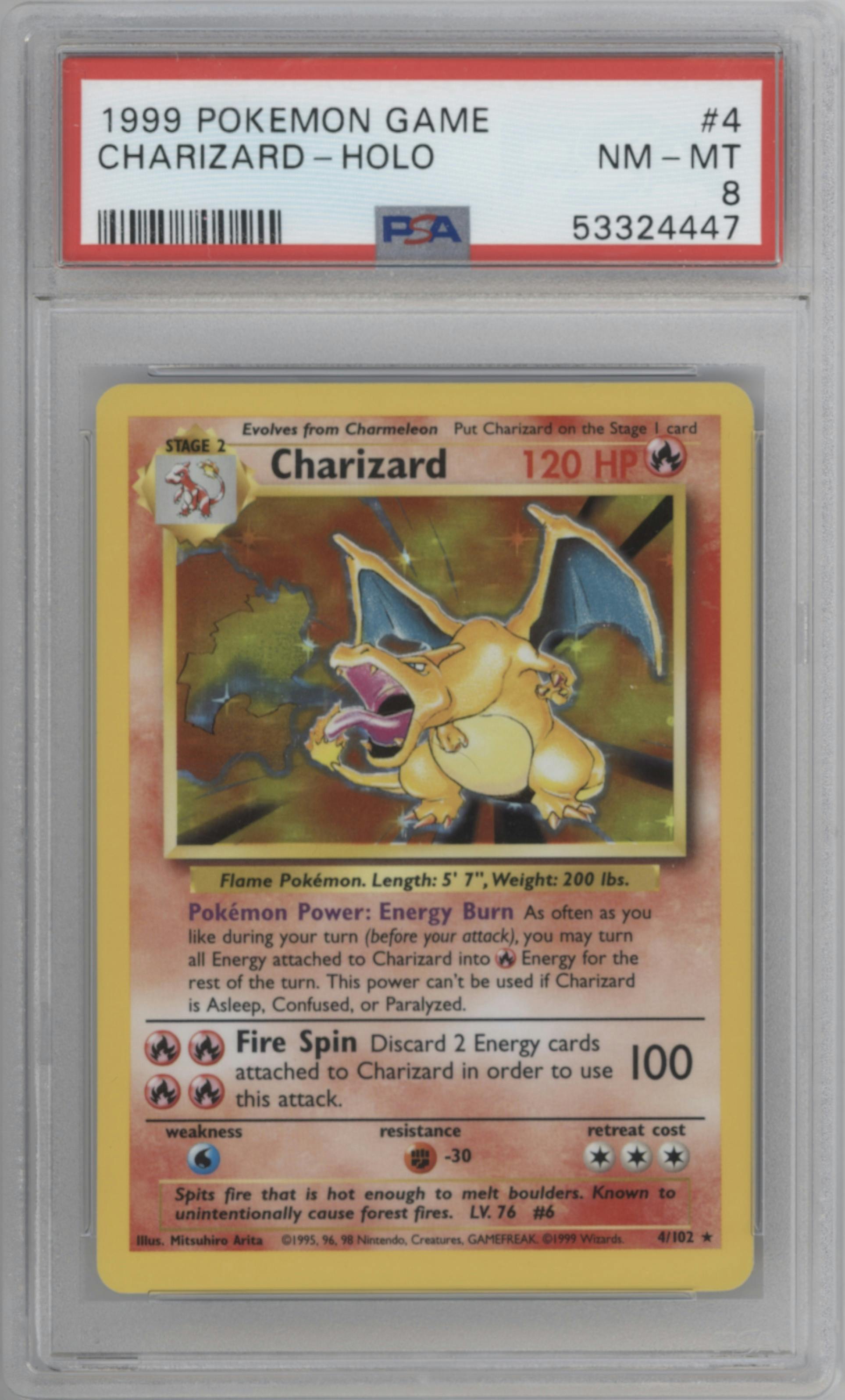 Charizard from the 1999 Pokemon set graded by PSA and given an overall grade of 8.