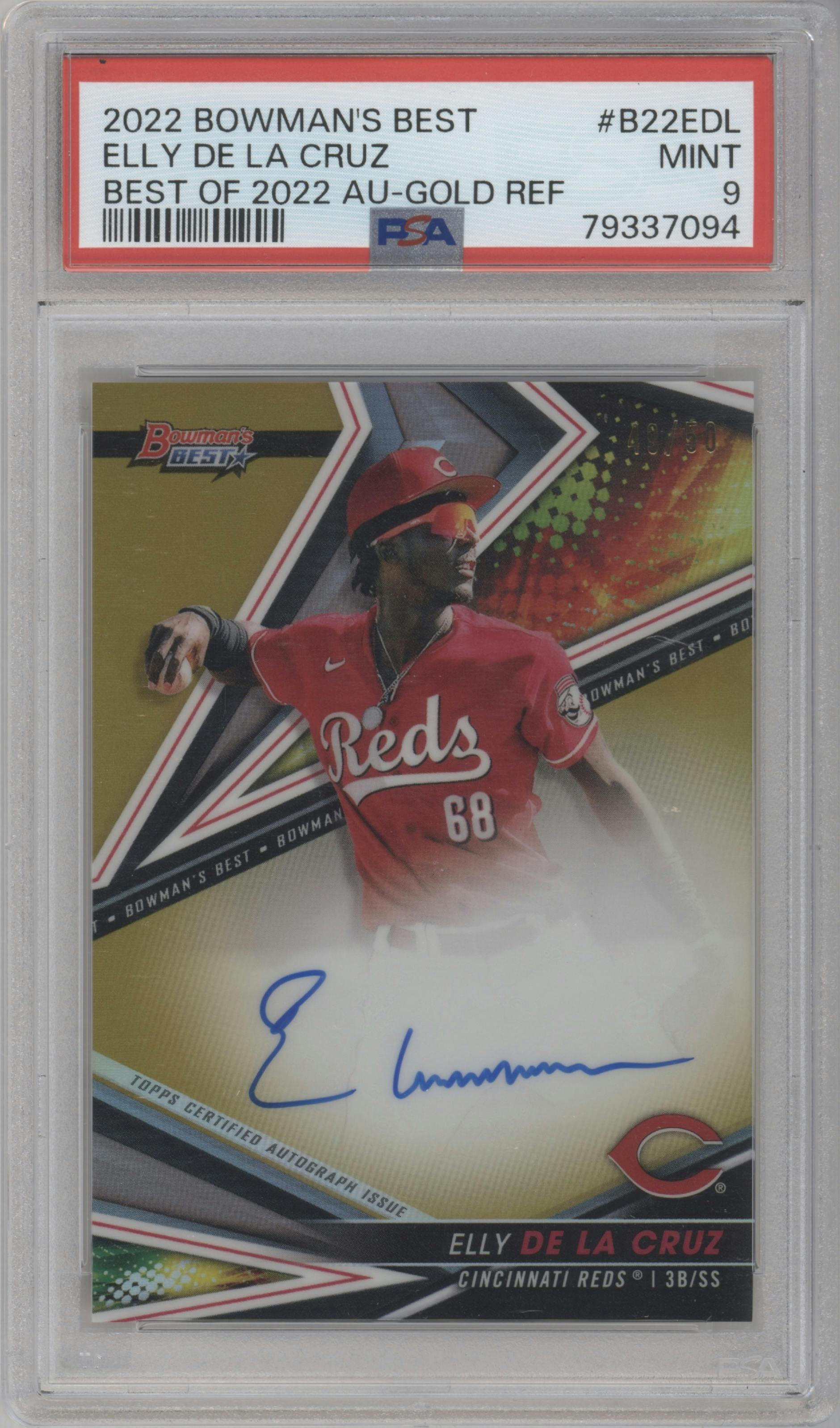 Elly De LA Cruz from the 2022 Bowman’s Best   set featuring a Gold Refractor parallel graded by PSA and given an overall grade of 9.