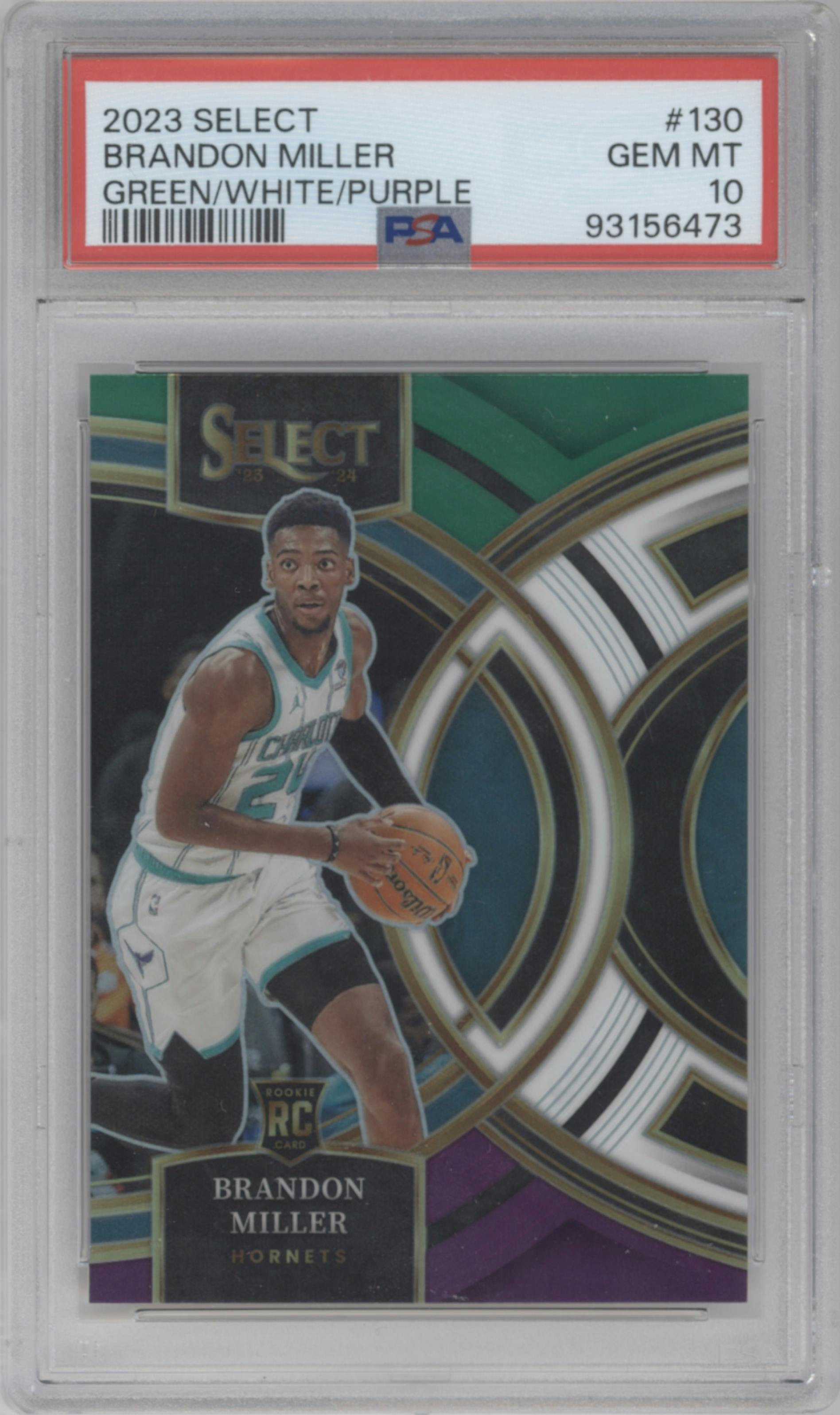 Brandon Miller from the 2023-24 Panini Select  set featuring a Green/White/Purple Prizm  parallel graded by PSA and given an overall grade of 10.