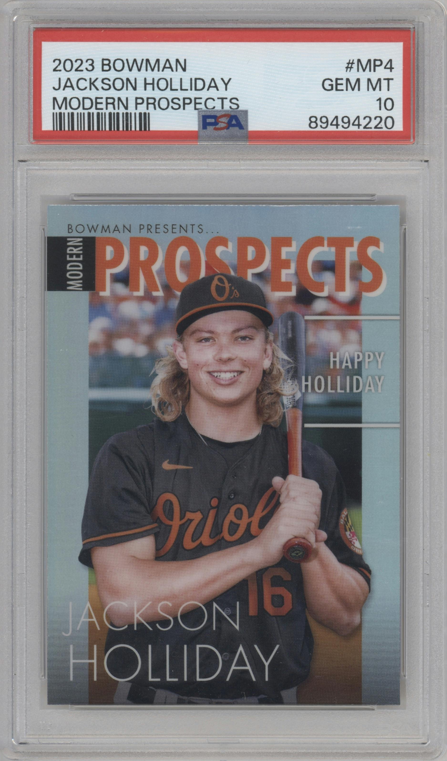 Jackson Holliday from the 2023 Bowman  set graded by PSA and given an overall grade of 10.