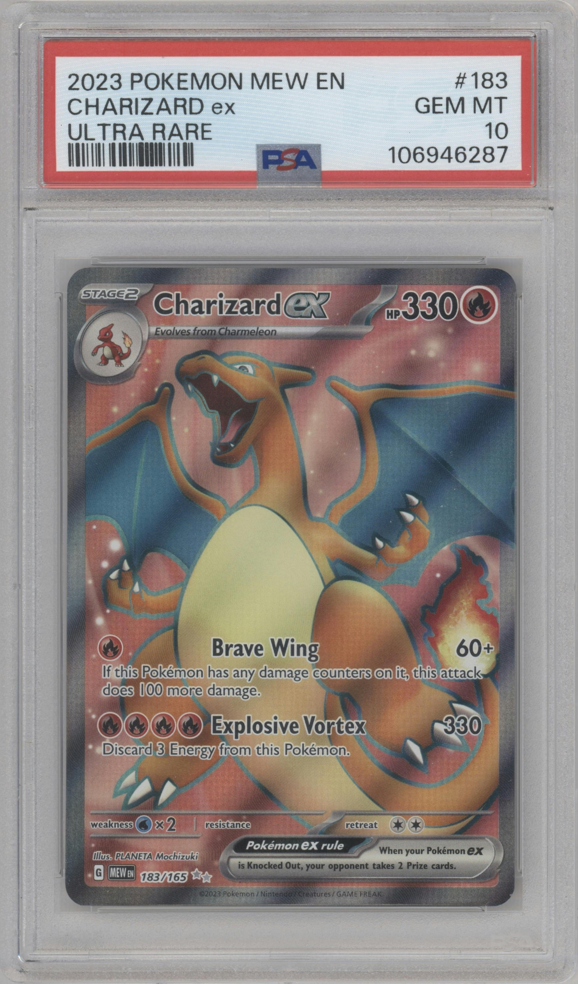 Charizard ex from the 2023 Pokemon SV set graded by PSA and given an overall grade of 10.
