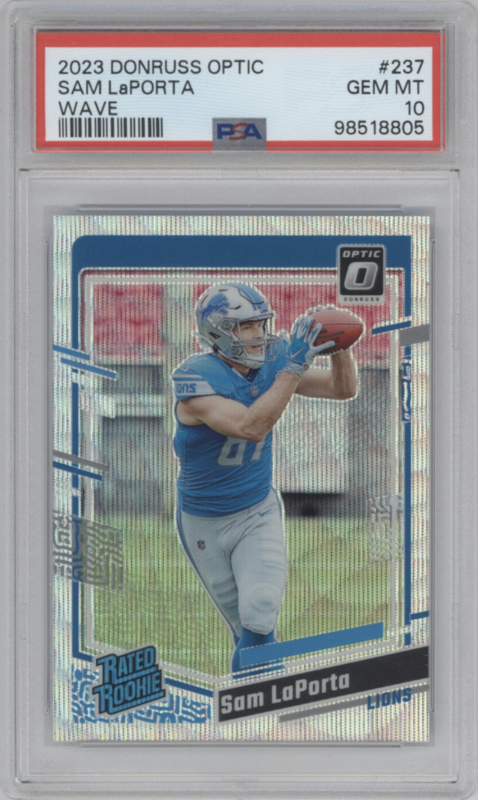 Sam LaPorta from the 2023 Donruss Optic set featuring a Wave parallel graded by PSA and given an overall grade of 10.