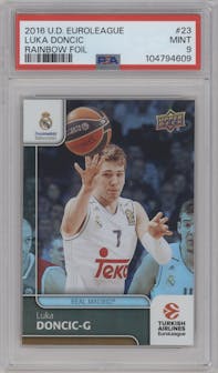 Luka Doncic from the 2016-17 Upper Deck Euroleague set featuring a Rainbow parallel graded by PSA and given an overall grade of 9.