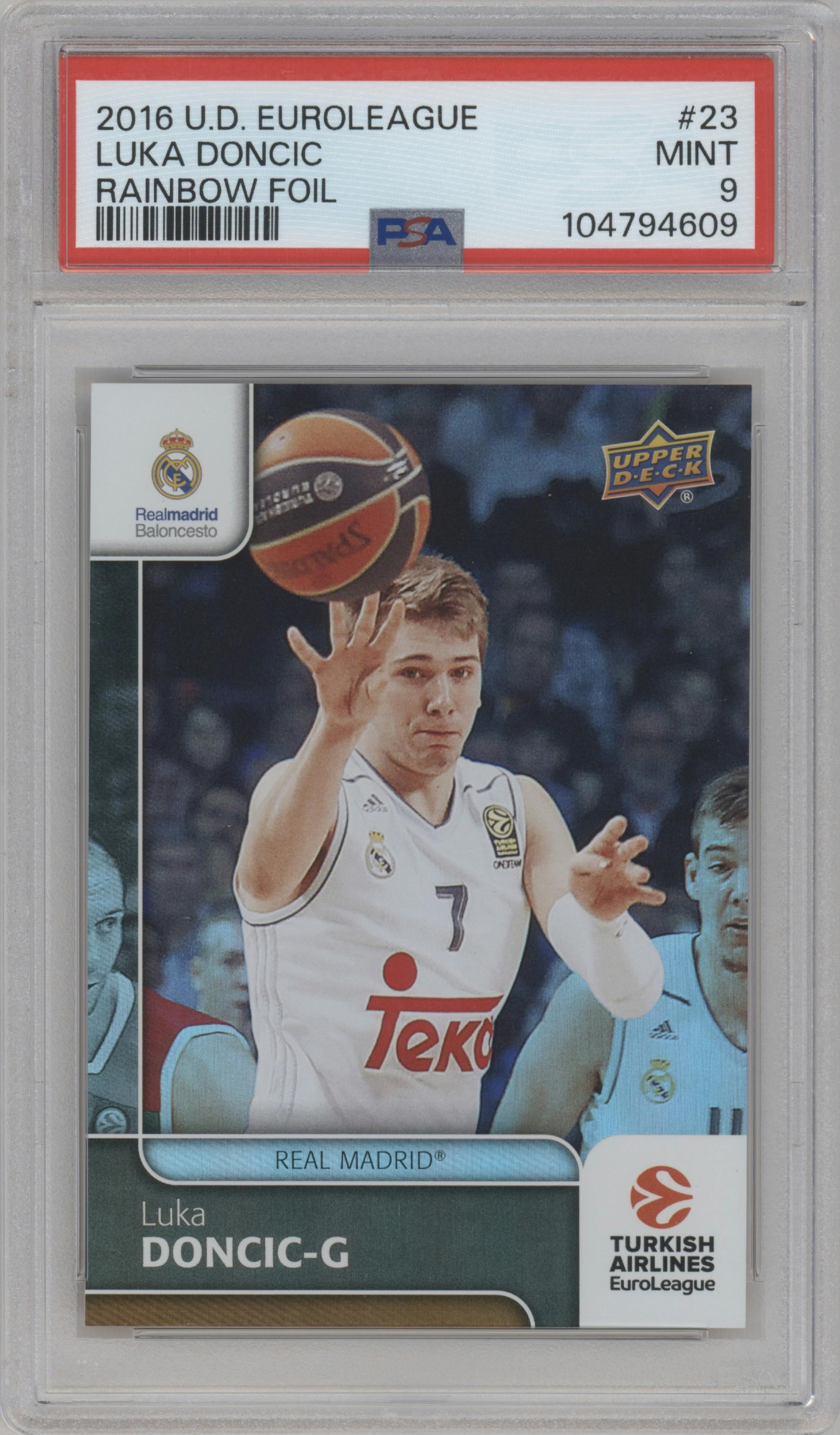 Luka Doncic from the 2016-17 Upper Deck Euroleague set featuring a Rainbow parallel graded by PSA and given an overall grade of 9.
