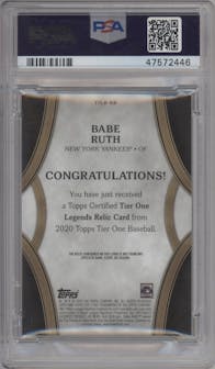 Babe Ruth from the 2020 Topps Tier One set graded by PSA and given an overall grade of 7.