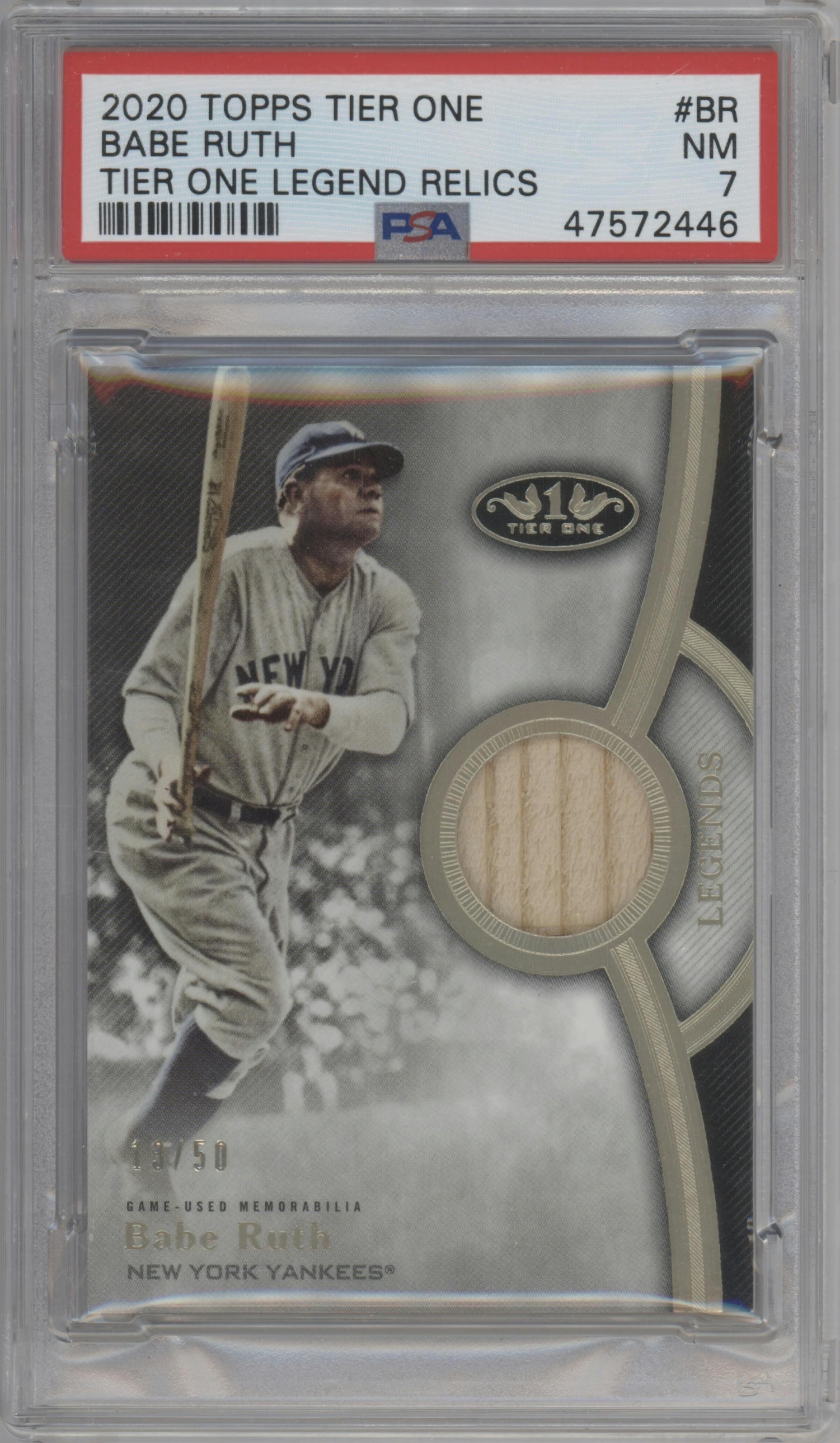 Babe Ruth from the 2020 Topps Tier One set graded by PSA and given an overall grade of 7.