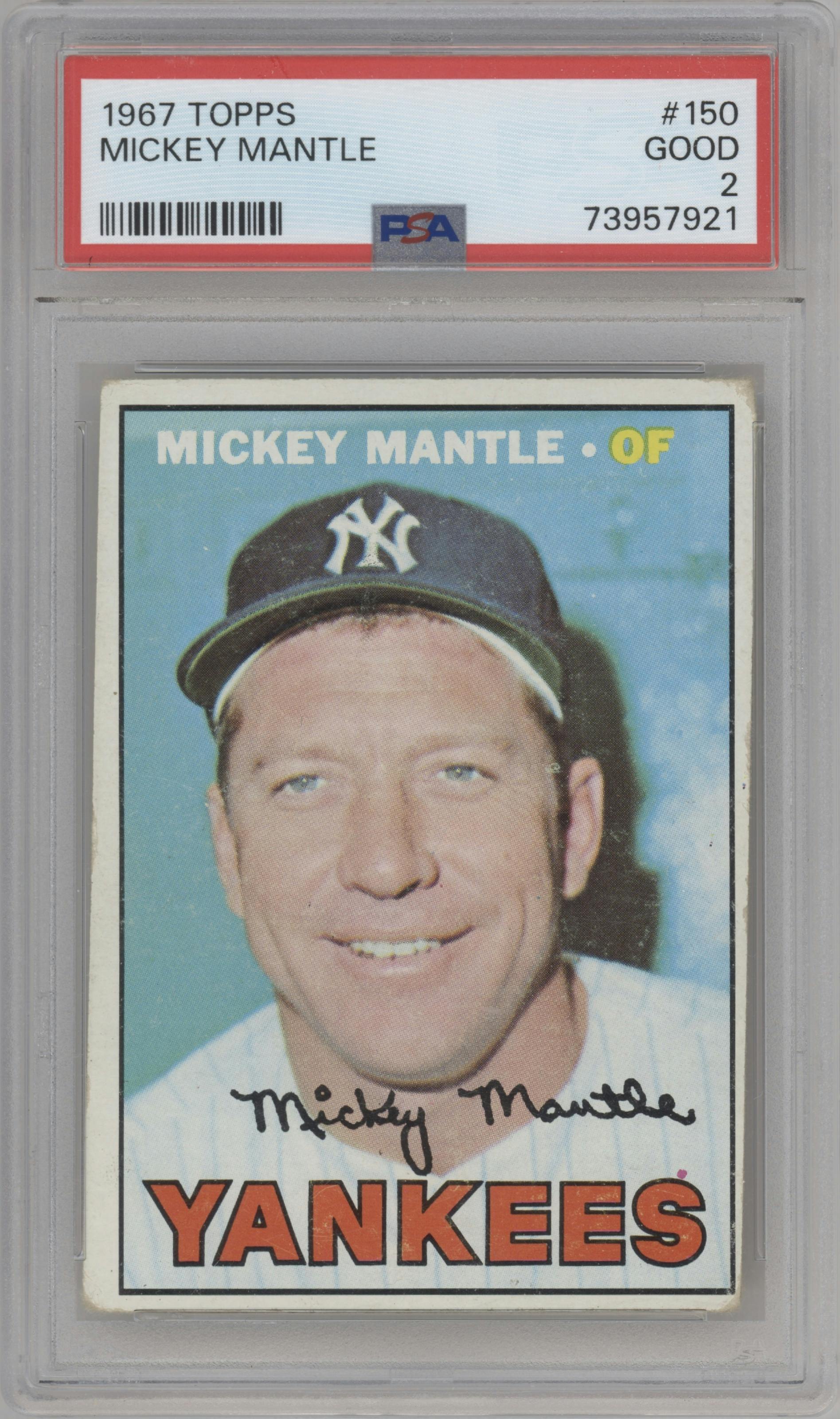 Mickey Mantle from the 1967 Topps set graded by PSA and given an overall grade of 2.