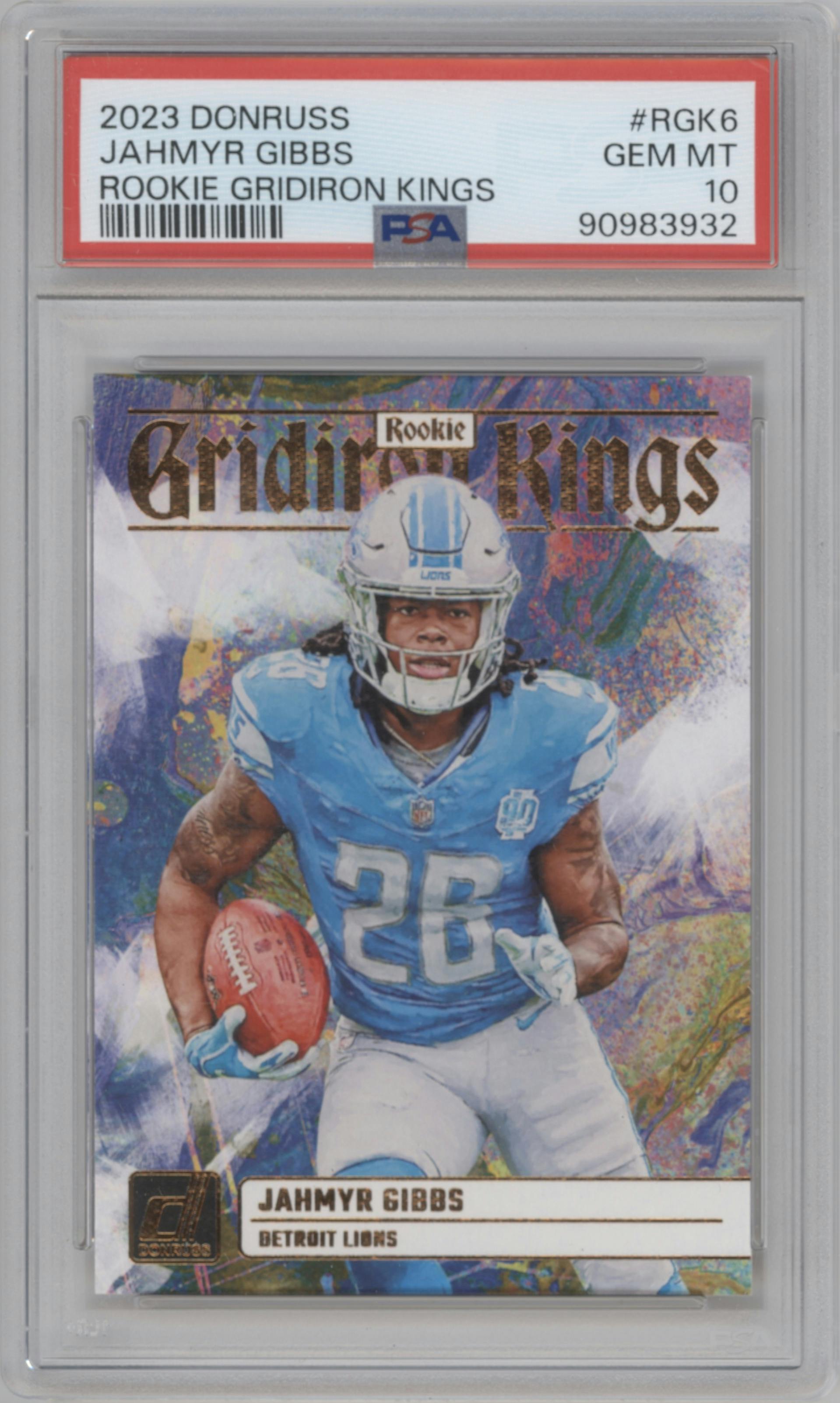 Jahmyr Gibbs from the 2023 Panini Donruss set graded by PSA and given an overall grade of 10.
