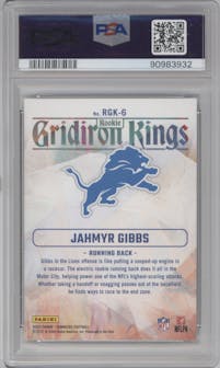 Jahmyr Gibbs from the 2023 Panini Donruss set graded by PSA and given an overall grade of 10.