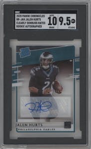 Jalen Hurts from the 2020 Panini Chronicles set graded by SGC and given an overall grade of 9.5.