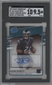 Jalen Hurts from the 2020 Panini Chronicles set graded by SGC and given an overall grade of 9.5.
