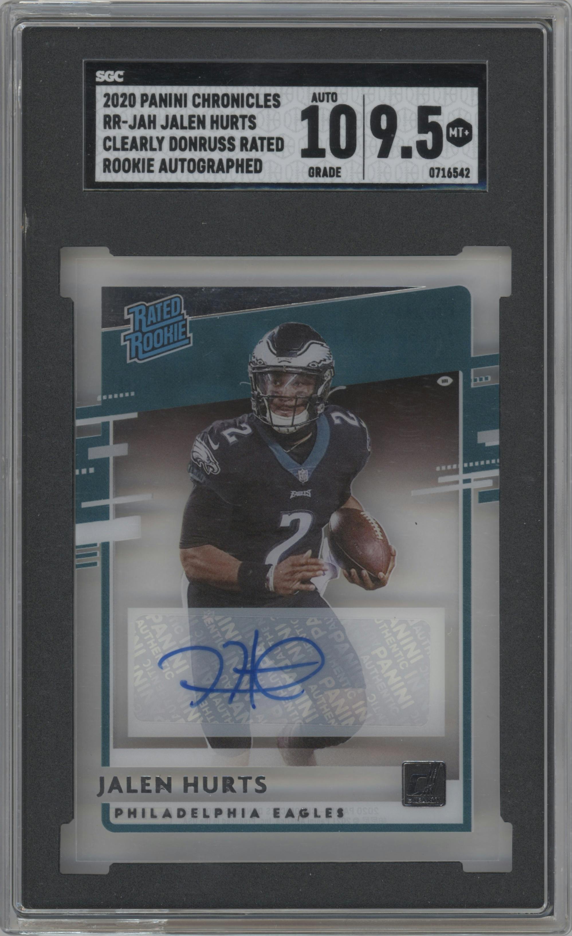 Jalen Hurts from the 2020 Panini Chronicles set graded by SGC and given an overall grade of 9.5.
