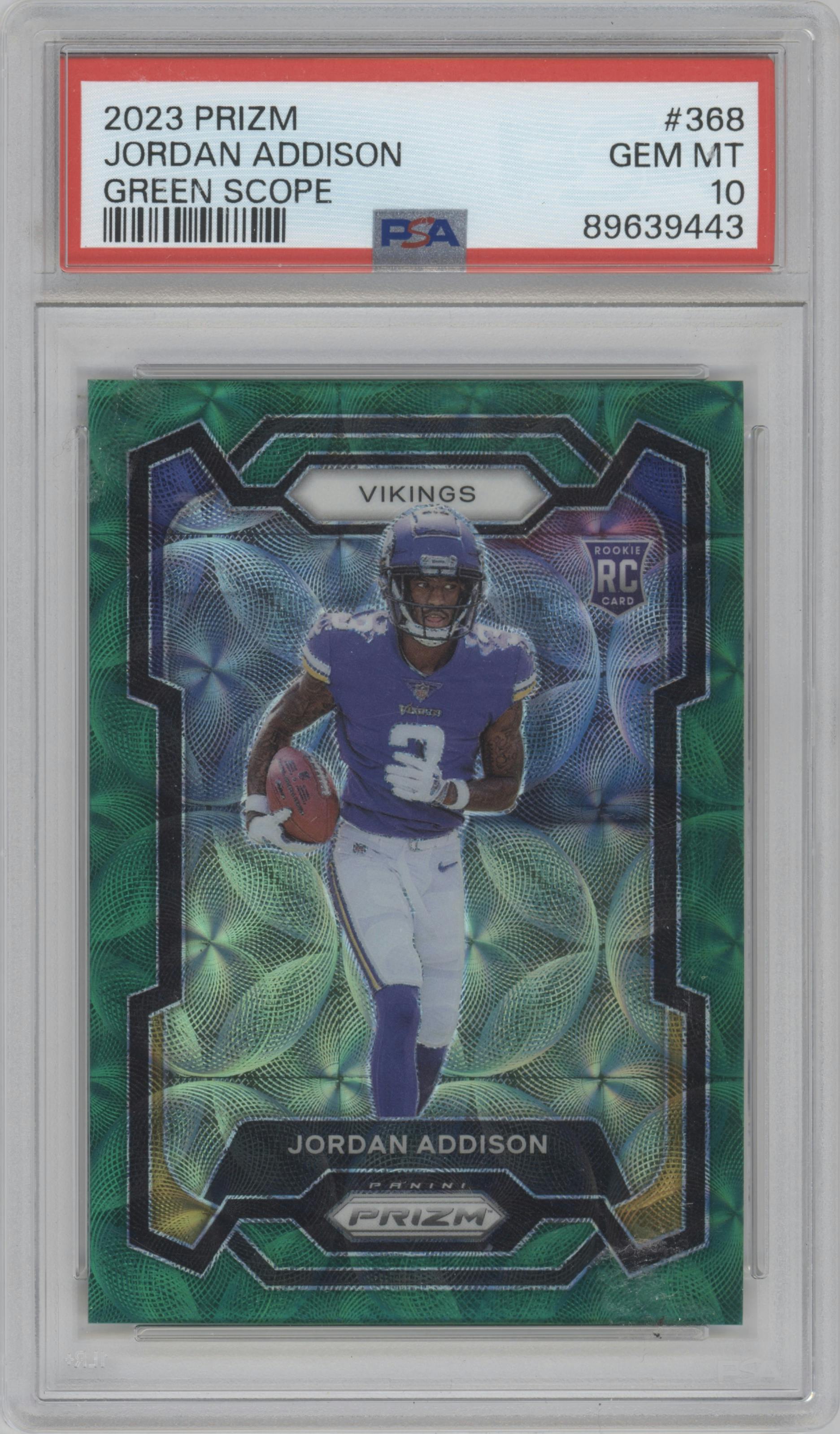 Jordan Addison from the 2023 Panini Prizm set featuring a  Green Scope parallel graded by PSA and given an overall grade of 10.