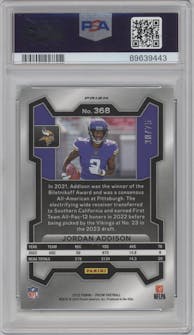 Jordan Addison from the 2023 Panini Prizm set featuring a  Green Scope parallel graded by PSA and given an overall grade of 10.
