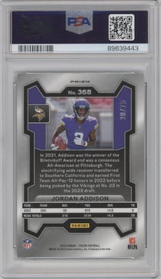Jordan Addison from the 2023 Panini Prizm set featuring a  Green Scope parallel graded by PSA and given an overall grade of 10.