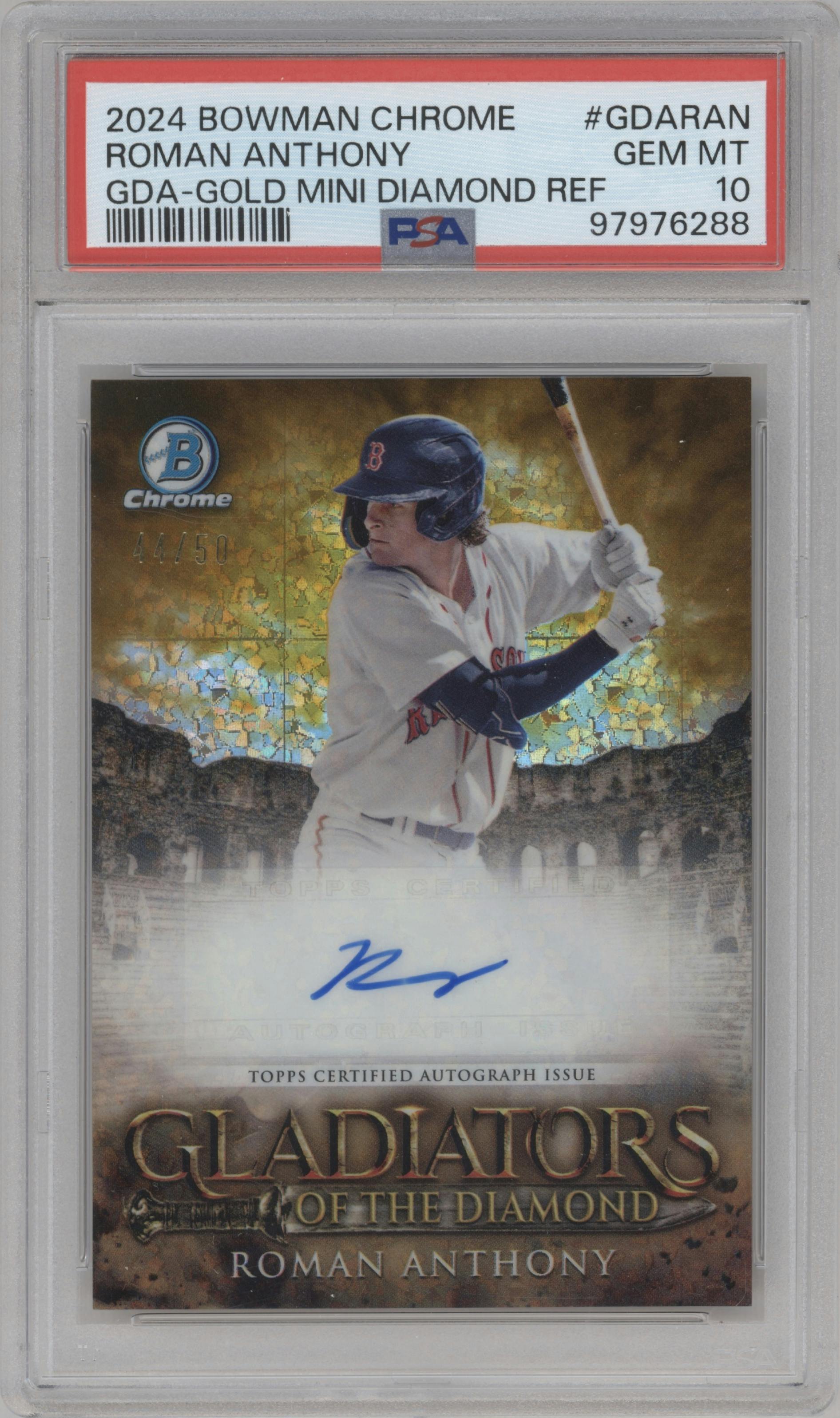 Roman Anthony from the 2024 Bowman Chrome set featuring a Gold Mini Diamond Refractor parallel graded by PSA and given an overall grade of 10.