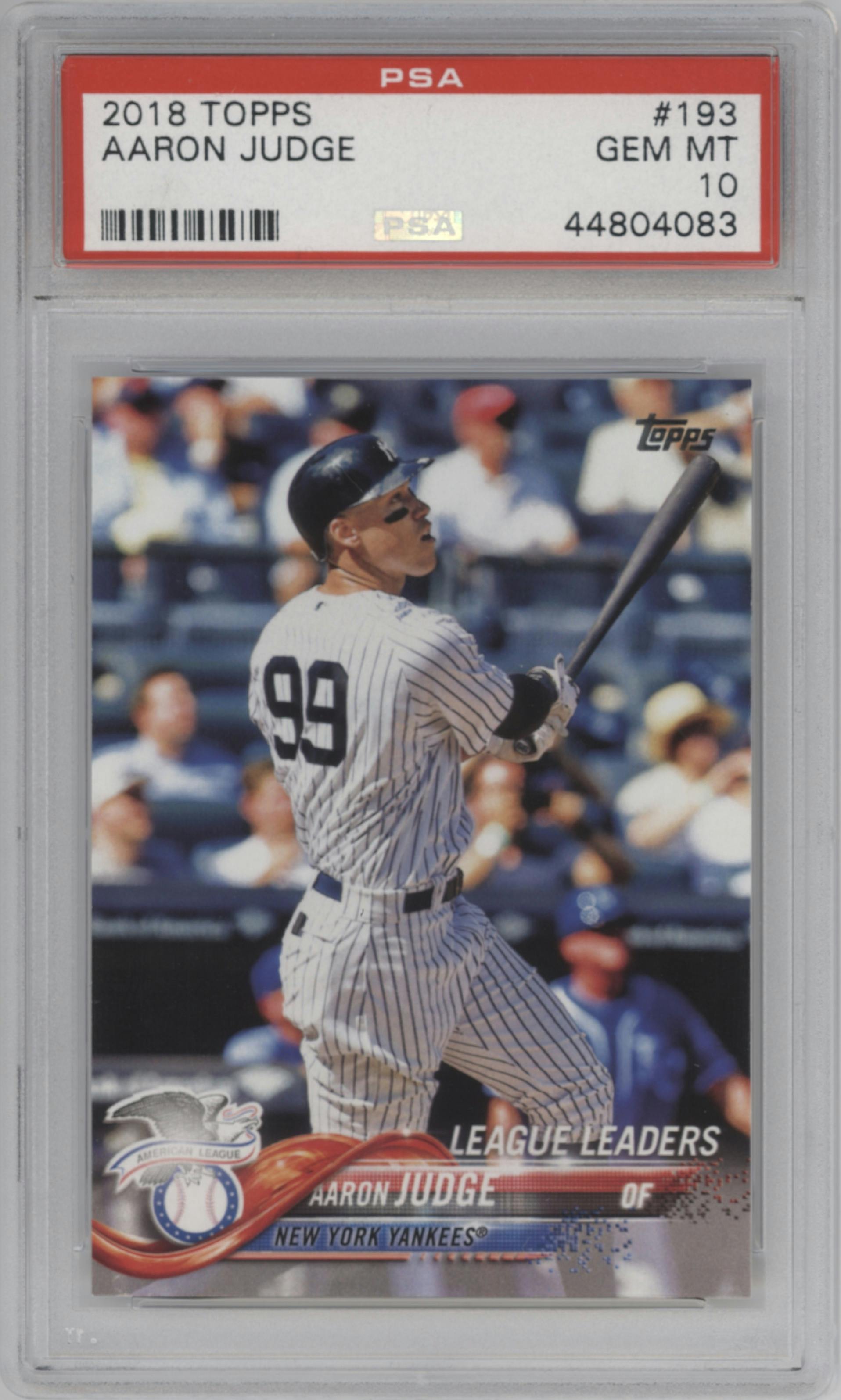 Aaron Judge from the 2018 Topps Series 1 set graded by PSA and given an overall grade of 10.